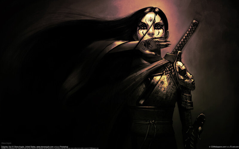 Female Warrior with Sword — Black, Dramatic, Night, Digital Art, Mask