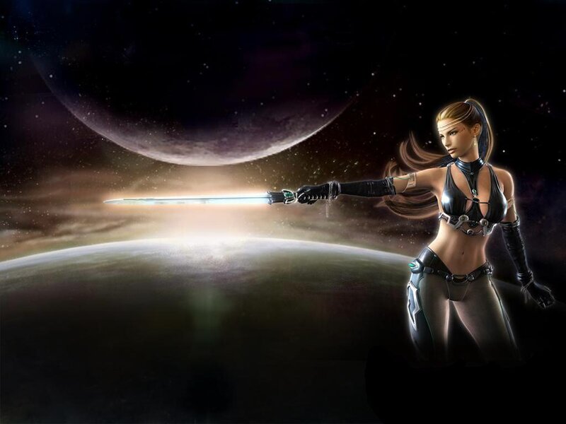 Female Warrior with Sword — Black, Dramatic, Night, Digital Art, Planet