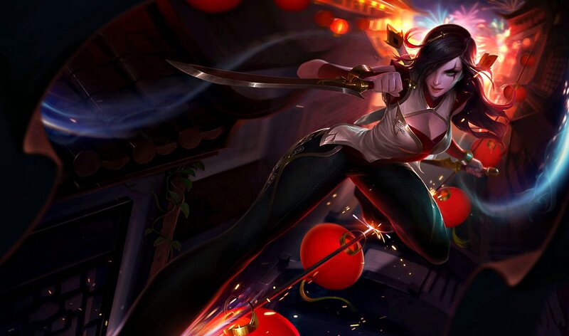 Female Warrior with Sword — Black, Dramatic, Night, Digital Art, Red Lanterns, Fireworks