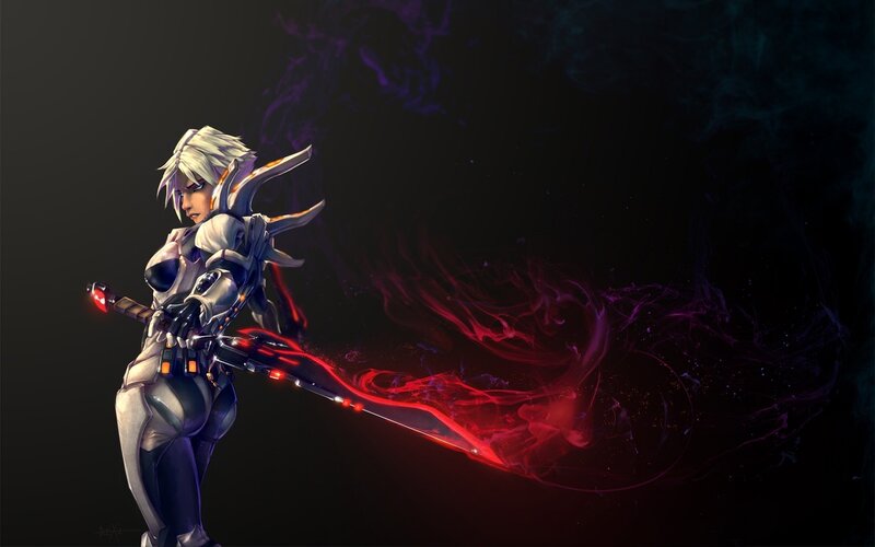 Female Warrior with Sword — Black, Dramatic, Night, Digital Art, Smoke
