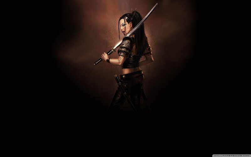 Female Warrior with Sword — Black, Dramatic, Night, Digital Art, Tattoo