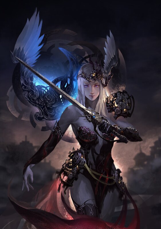 Female Warrior with Sword — Black, Dramatic, Night, Digital Art, Wings, Armor