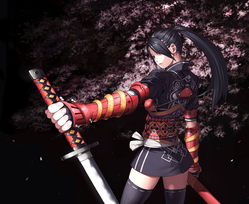 Female Warrior with Sword — Black, Dramatic, Spring, Anime