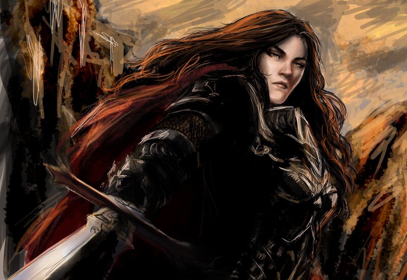 Female Warrior with Sword — Black, Dramatic, Sunset, Digital Art, Armor