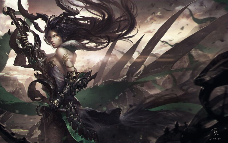 Female Warrior with Sword — Black, Dramatic, Sunset, Digital Art, Dragon, Mountains