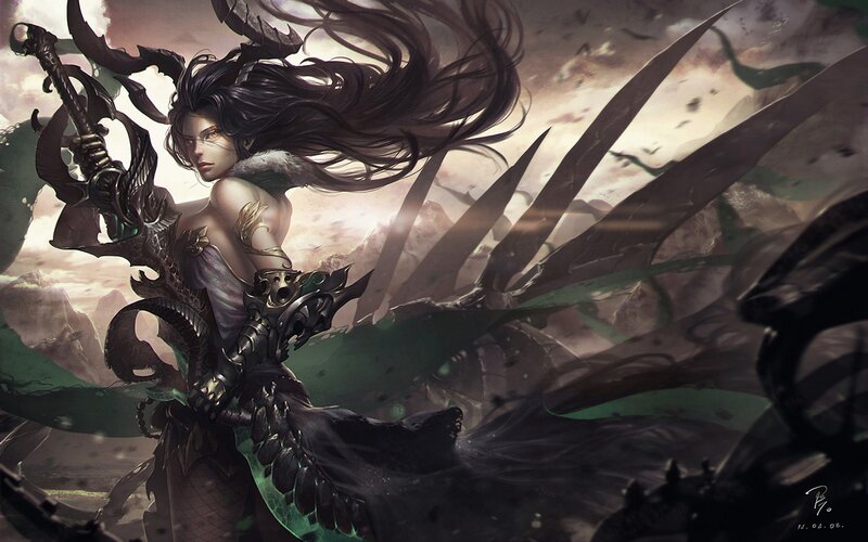 Female Warrior with Sword — Black, Dramatic, Sunset, Digital Art, Dragon