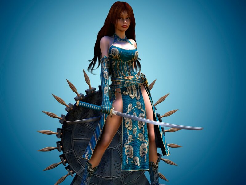 Female Warrior with Sword — Blue, Confident, 3d Render