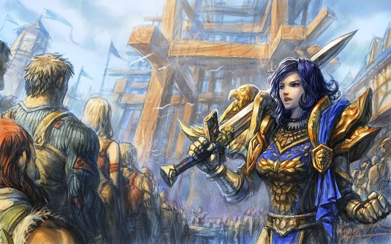 Female Warrior with Sword — Blue, Dramatic, Afternoon, Digital Art, Crowd