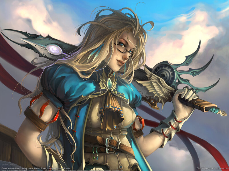 Female Warrior with Sword — Blue, Dramatic, Afternoon, Digital Art