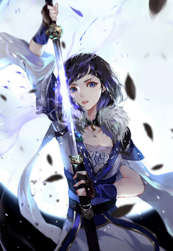 Female Warrior with Sword — Blue, Dramatic, Anime, Fur Collar