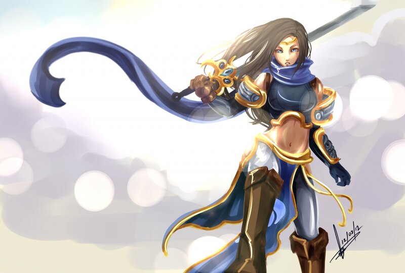 Female Warrior with Sword — Blue, Dramatic, Digital Art, Armor, Cape