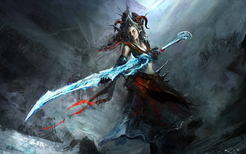 Female Warrior with Sword — Blue, Dramatic, Digital Art, Armor, Demon Horns