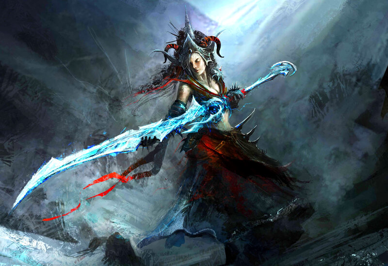 Female Warrior with Sword — Blue, Dramatic, Digital Art, Armor, Mountain
