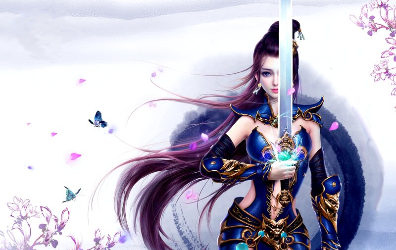 Female Warrior with Sword — Blue, Dramatic, Digital Art, Butterflies, Flower Petals
