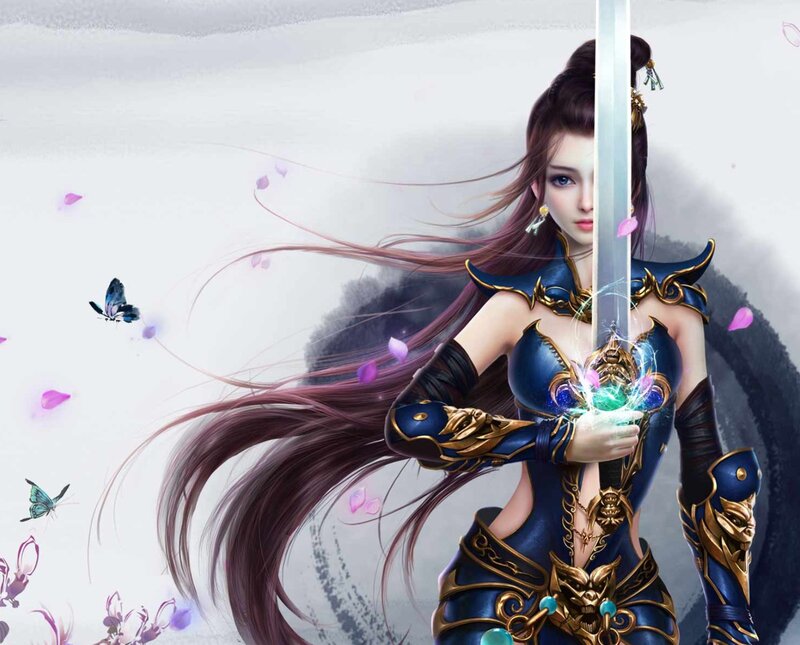 Female Warrior with Sword — Blue, Dramatic, Digital Art, Butterflies, Petals