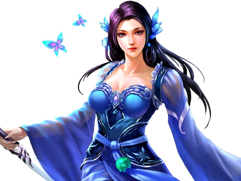 Female Warrior with Sword — Blue, Dramatic, Digital Art, Butterflies