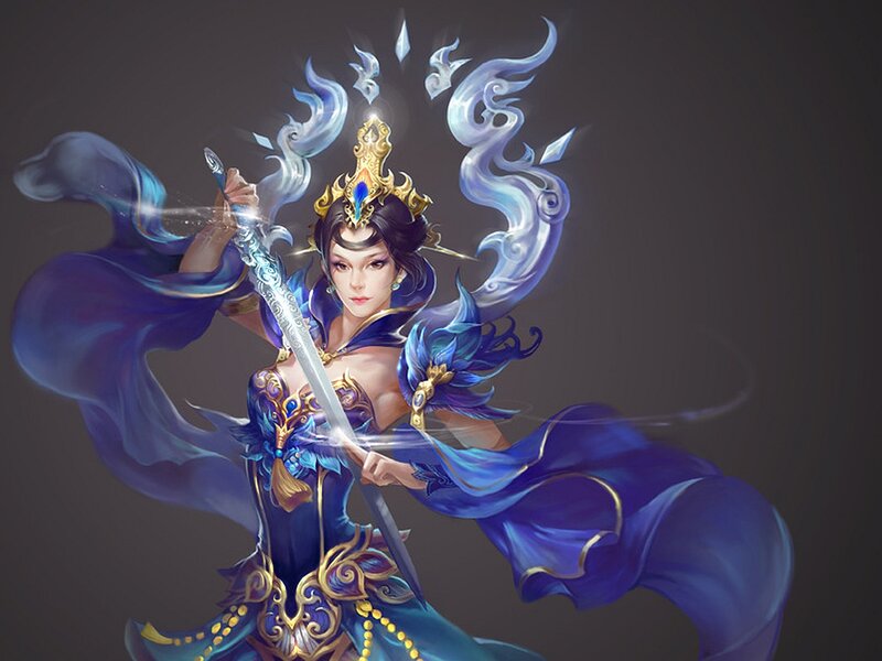 Female Warrior with Sword — Blue, Dramatic, Digital Art, Cape, Crown