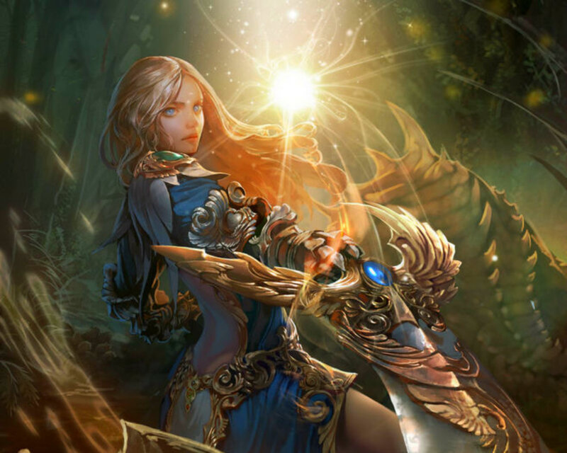 Female Warrior with Sword — Blue, Dramatic, Digital Art, Dragon, Forest