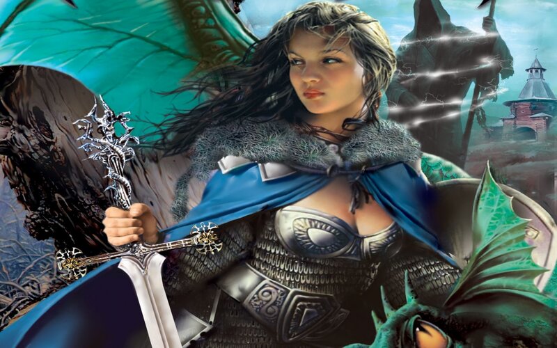 Female Warrior with Sword — Blue, Dramatic, Digital Art, Dragon