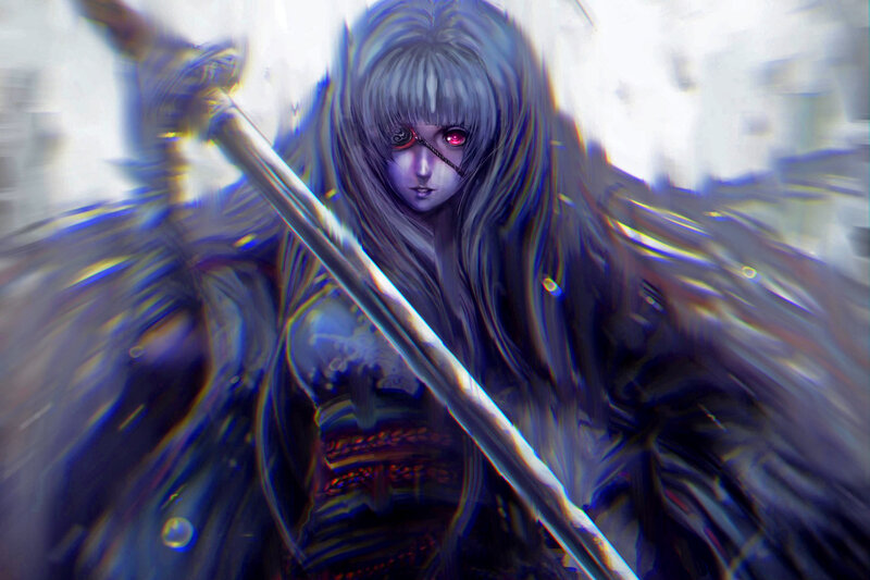 Female Warrior with Sword — Blue, Dramatic, Digital Art, Eyepatch