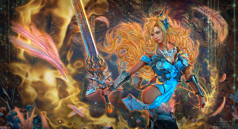 Female Warrior with Sword — Blue, Dramatic, Digital Art, Feathers