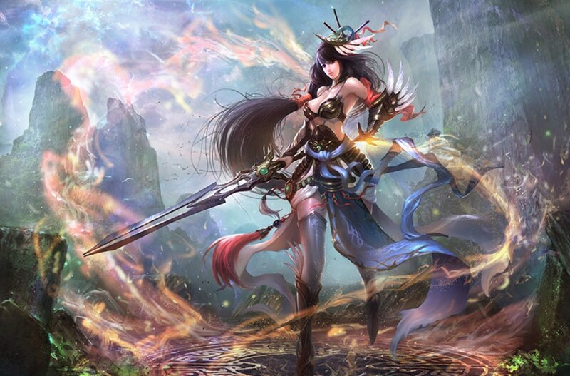 Female Warrior with Sword — Blue, Dramatic, Digital Art, Fire, Mountains