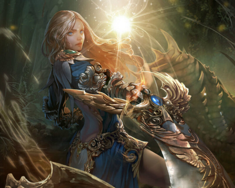 Female Warrior with Sword — Blue, Dramatic, Digital Art, Forest