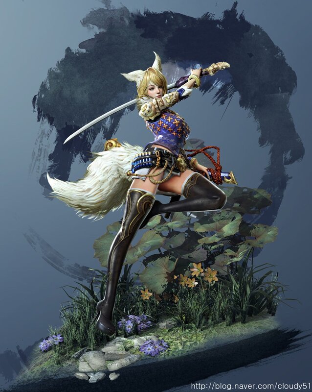 Female Warrior with Sword — Blue, Dramatic, Digital Art, Fox Ears