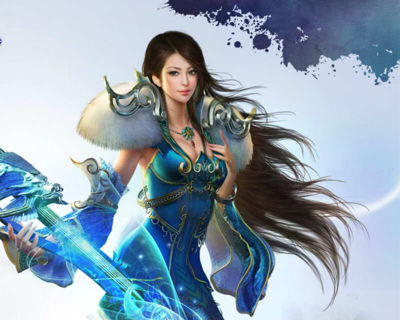 Female Warrior with Sword — Blue, Dramatic, Digital Art, Fur Collar