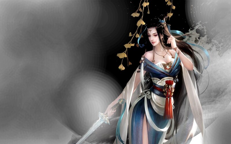 Female Warrior with Sword — Blue, Dramatic, Digital Art, Ginkgo Leaves