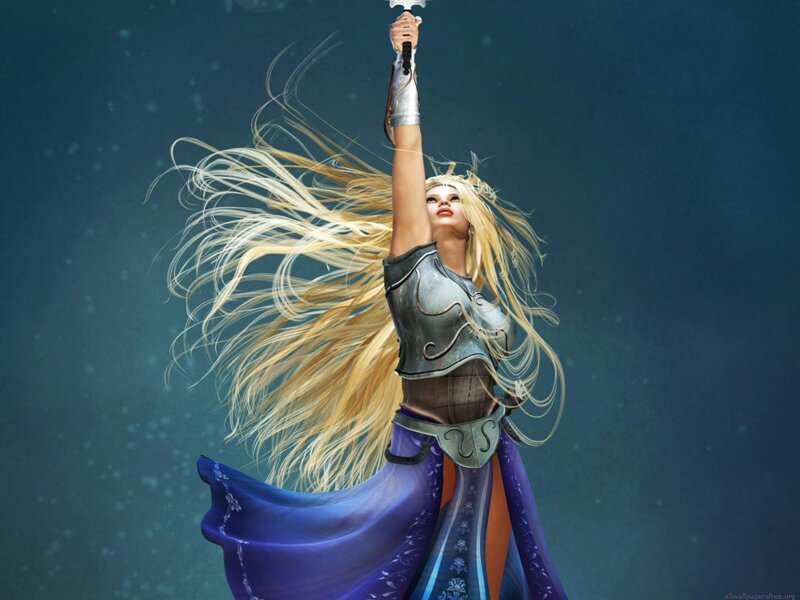 Female Warrior with Sword — Blue, Dramatic, Digital Art, Long Hair