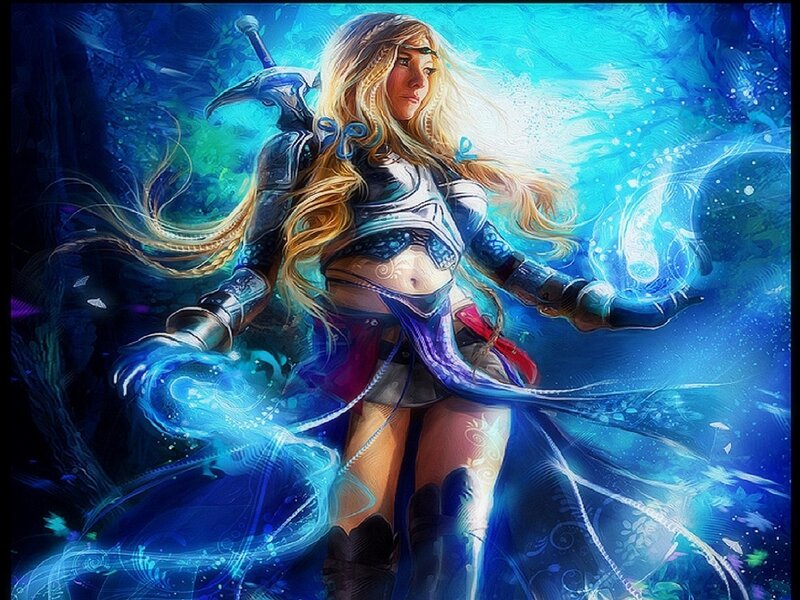 Female Warrior with Sword — Blue, Dramatic, Digital Art, Magic
