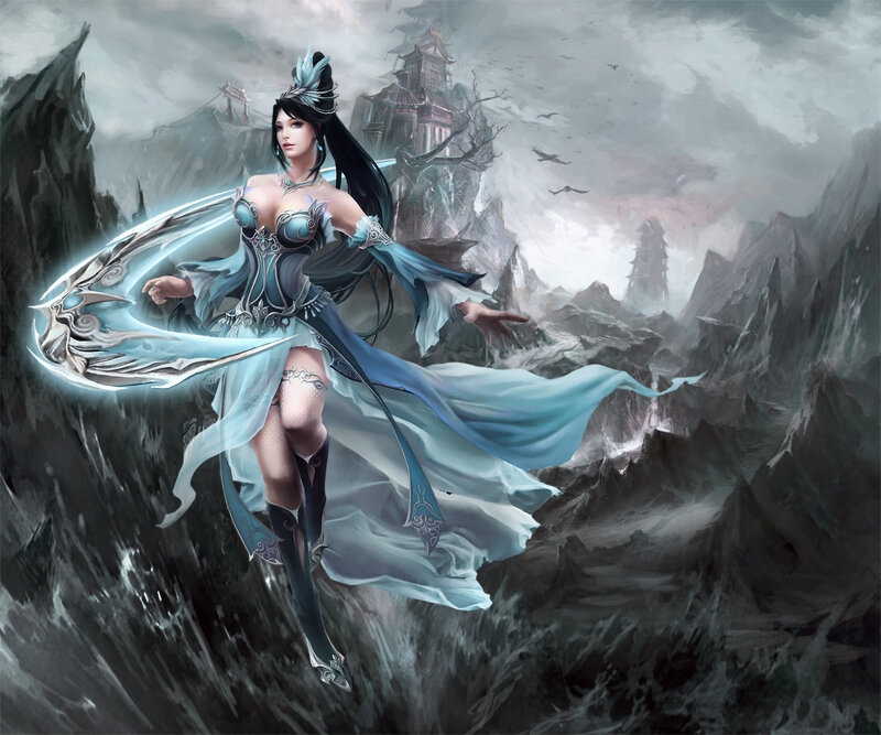 Female Warrior with Sword — Blue, Dramatic, Digital Art, Mountains, Castle