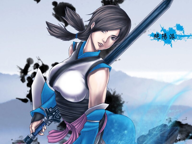 Female Warrior with Sword — Blue, Dramatic, Digital Art, Mountains, Ink Splatters