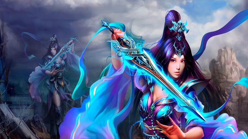 Female Warrior with Sword — Blue, Dramatic, Digital Art, Robes