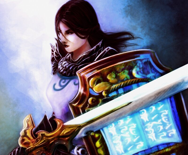 Female Warrior with Sword — Blue, Dramatic, Digital Art, Shield, Armor