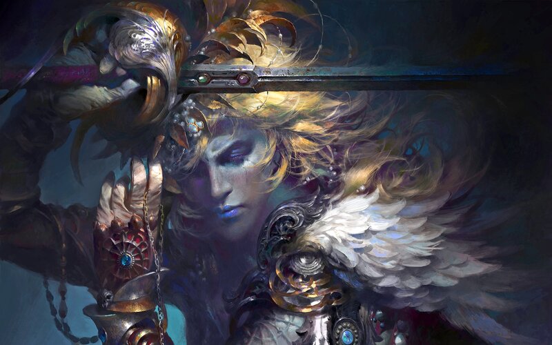 Female Warrior with Sword — Blue, Dramatic, Digital Art, Wings, Armor