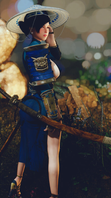 Female Warrior with Sword — Blue, Dramatic, Night, 3d Render, Hat