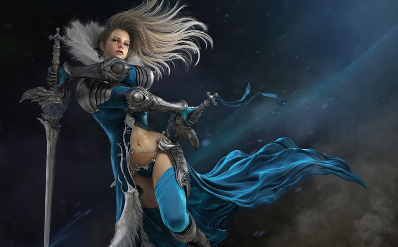 Female Warrior with Sword — Blue, Dramatic, Night, Digital Art, Armor, Cape