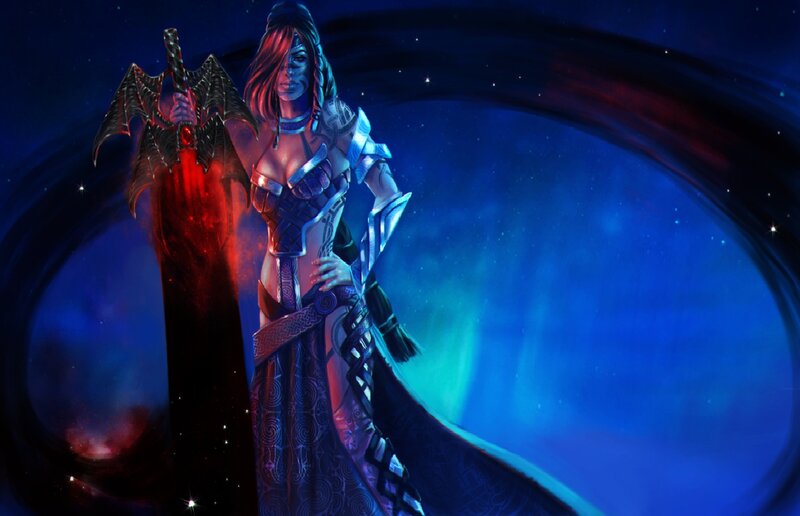 Female Warrior with Sword — Blue, Dramatic, Night, Digital Art, Armor