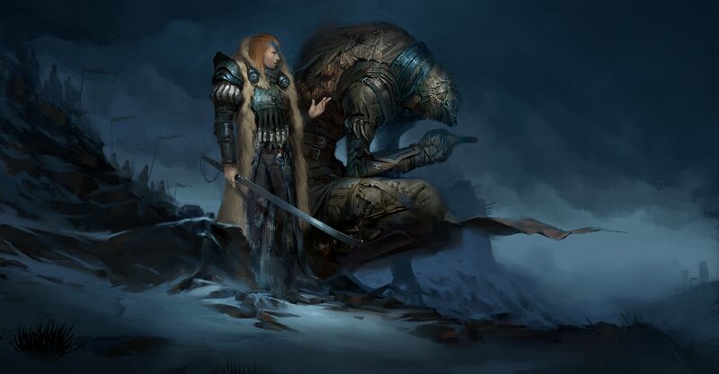 Female Warrior with Sword — Blue, Dramatic, Night, Digital Art, Armored Figure