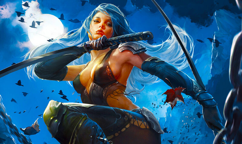 Female Warrior with Sword — Blue, Dramatic, Night, Digital Art, Birds