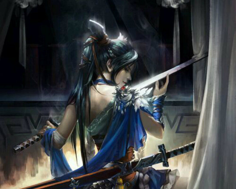 Female Warrior with Sword — Blue, Dramatic, Night, Digital Art, Blue Cloak