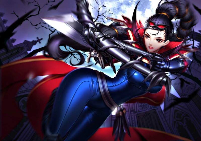 Female Warrior with Sword — Blue, Dramatic, Night, Digital Art, Cape