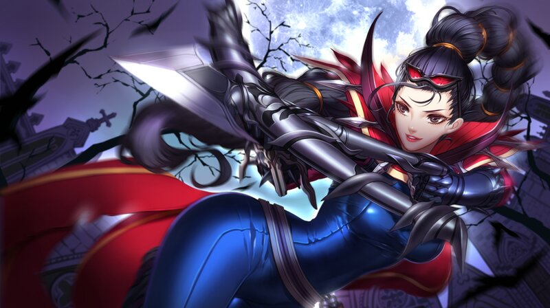 Female Warrior with Sword — Blue, Dramatic, Night, Digital Art, Capes, Moon