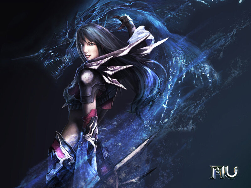 Female Warrior with Sword — Blue, Dramatic, Night, Digital Art, Dragon