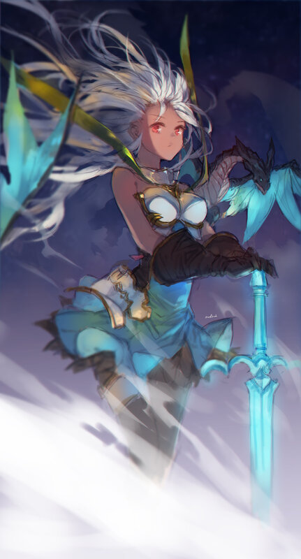 Female Warrior with Sword — Blue, Dramatic, Night, Digital Art, Dragon, White Hair