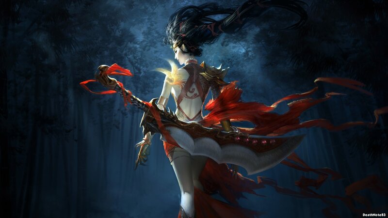 Female Warrior with Sword — Blue, Dramatic, Night, Digital Art, Forest, Red Ribbons