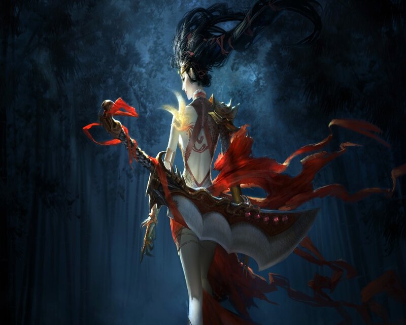 Female Warrior with Sword — Blue, Dramatic, Night, Digital Art, Forest