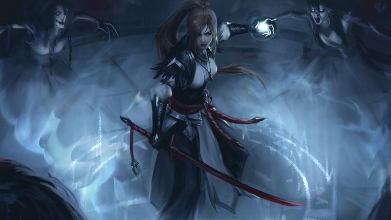 Female Warrior with Sword — Blue, Dramatic, Night, Digital Art, Ghosts